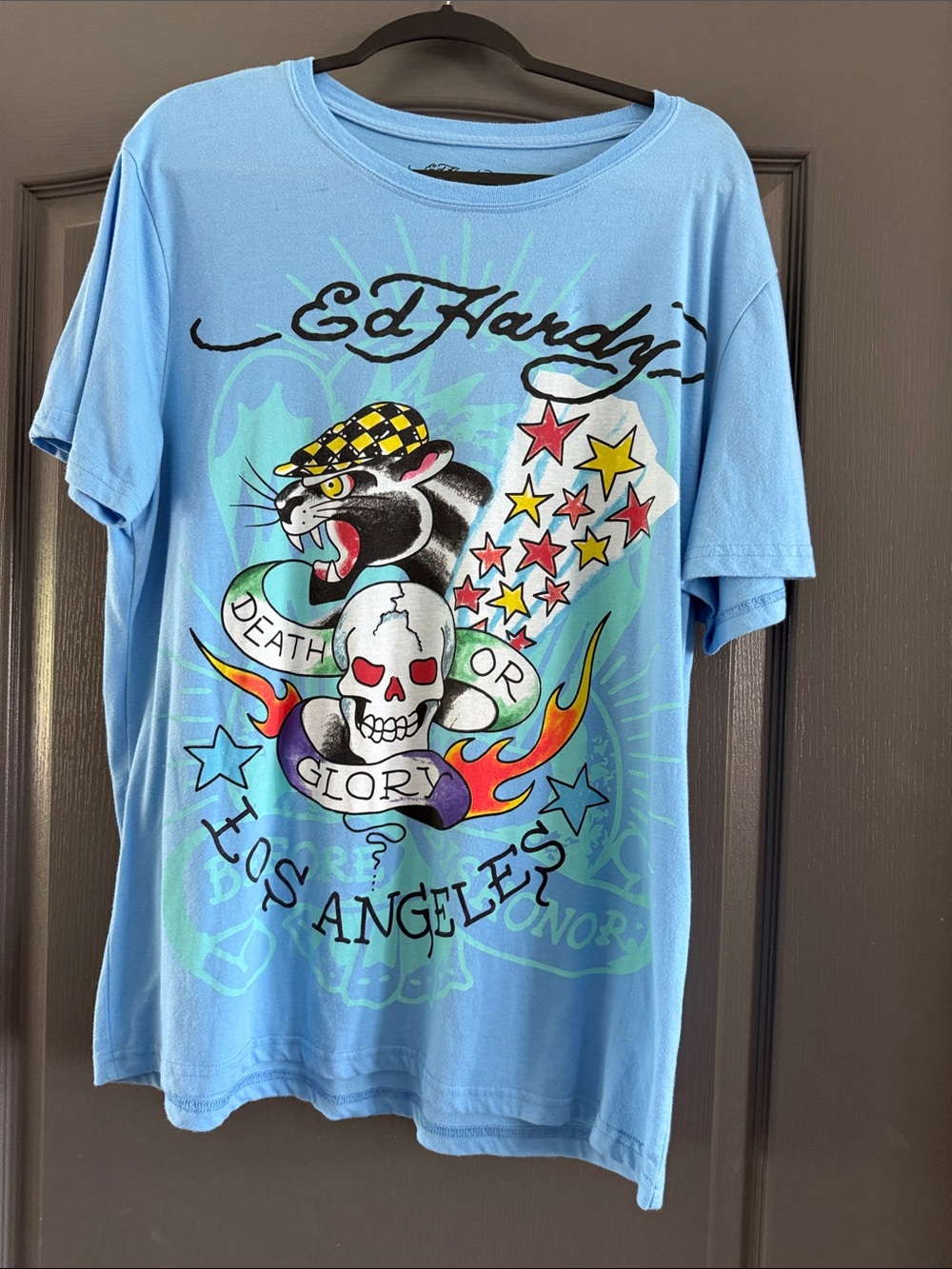 Ed Hardy Blue Men’s Tee with Skull, Panther & Star Graphic XL